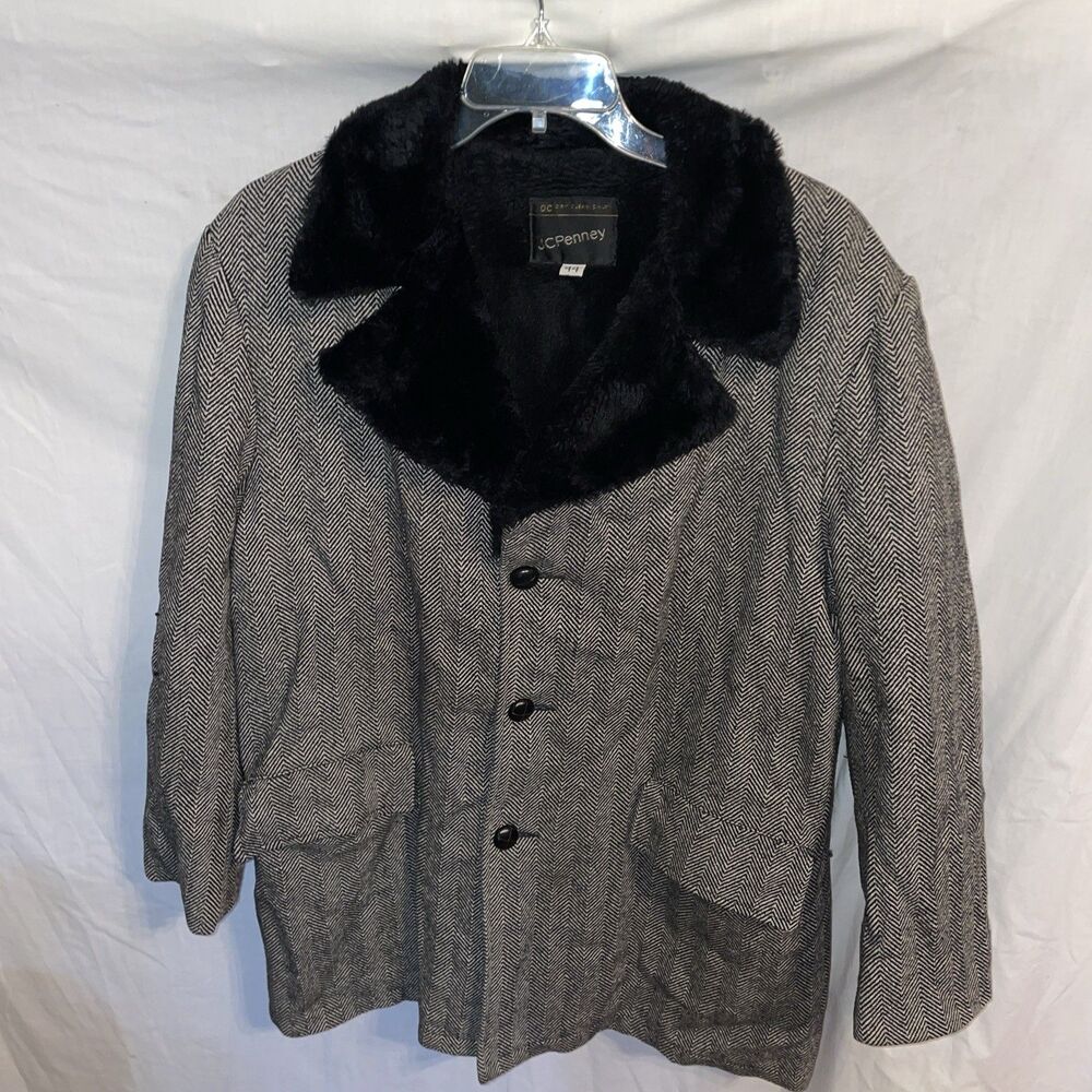 Vtg. 70’s J.C. Penney Men’s Faux Fur Coat Size 44 (XL) Gray Herringbone Wool